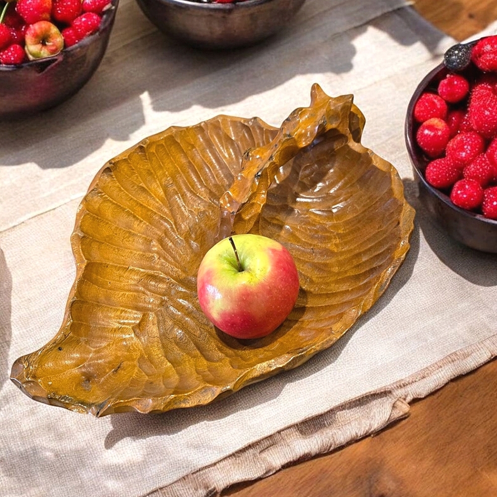 Vintage Folk Art Bowl Handcarved Brown Leaf-Shaped Rustic Forestcore Cabincore